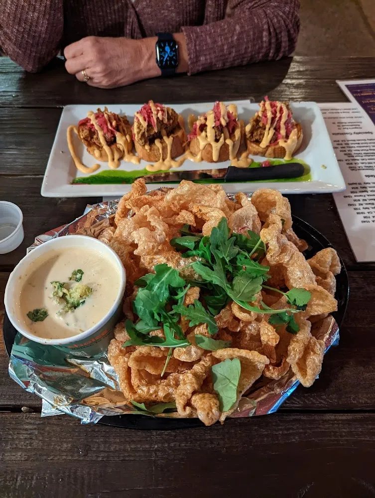 Crispy Oyster Blue Cheese French Toast and Pork Skins with Queso